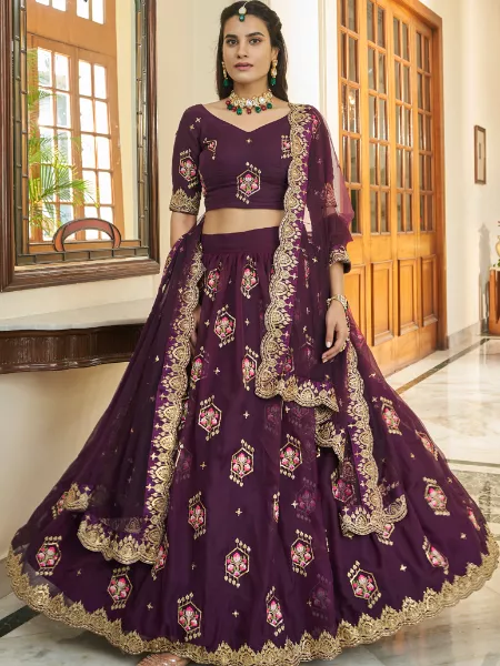 Purple Color Bridal Lehenga Choli in Organza With Zari Thread and Sequins Embroidery