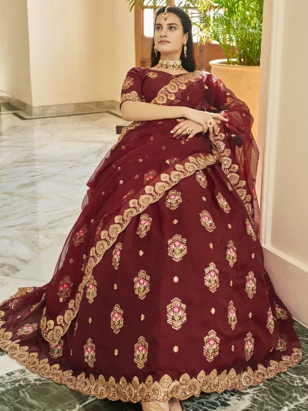 Maroon Color Bridal Lehenga Choli in Organza With Zari Thread and Sequins Embroidery