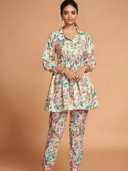 Cream Co-Ords Set With Beautiful Digital Print in Rayon With v Neck