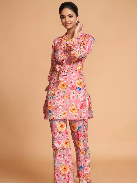 Pink Co-Ords Set With Beautiful Digital Print in Rayon With v Neck