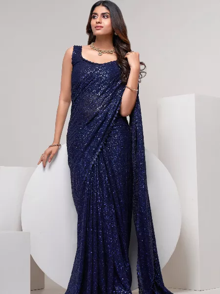 Navy Blue Party Wear Saree in Georgette With Sequence Work
