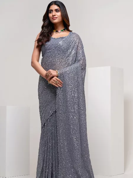 Grey Party Wear Saree in Georgette With Sequence Work
