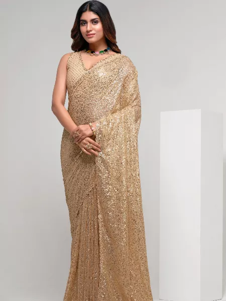 Cream Party Wear Saree in Georgette With Sequence Work
