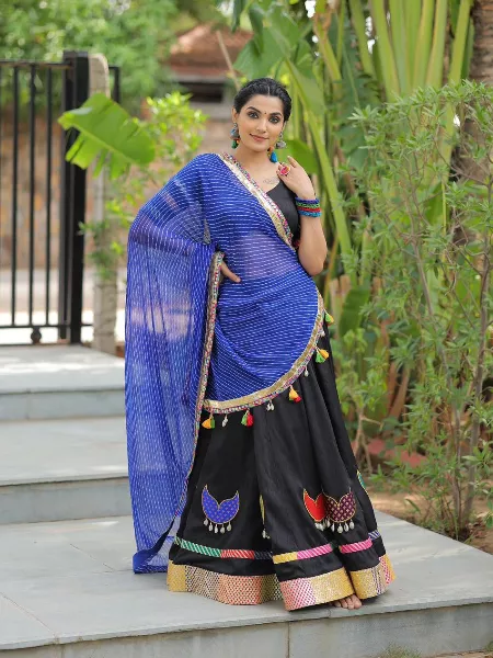 Black Color Navratri Chaniya Choli in Fiyona Silk With 4.50 Meter Flair and Pasting Butta