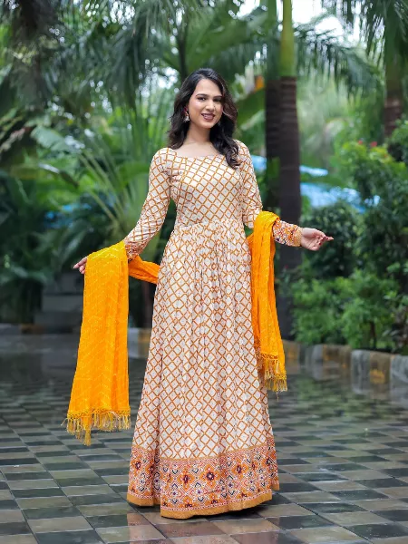 Yellow Color Ready to Wear Gown in Rayon With Foil Print and Dupatta