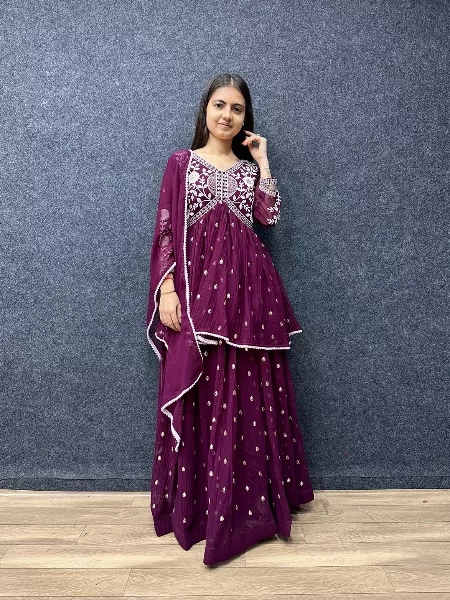 Wine Color Ready to Wear Indo Western in Georgette With Beautiful Embroidery
