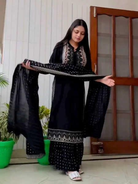 Black Color Georgette Sharara Suit With Beautiful Embroidery Work and Dupatta