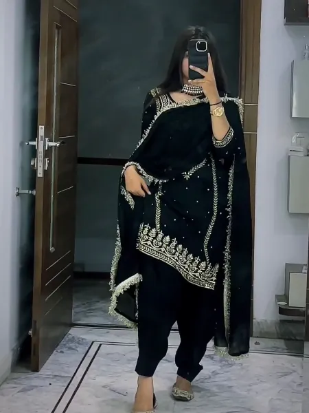 Black Punjabi Suit With Dhoti Patiyala in Georgette With Embroidery Work