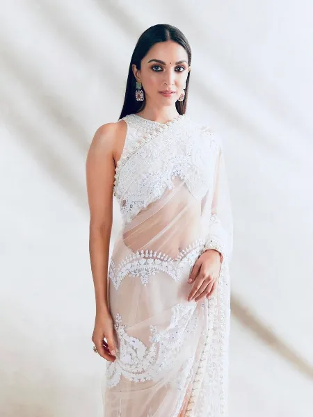 Kiara Advani Saree in White Soft Net Wit Beautiful Embroidery Work Bollywood Saree