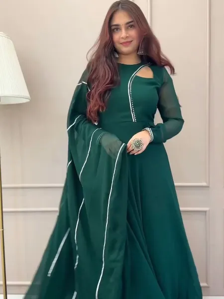 Green Trending Designer Fancy Neck Gown With Hook Salwar Suit and Dupatta