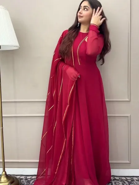 Red Trending Designer Fancy Neck Gown With Hook Salwar Suit and Dupatta