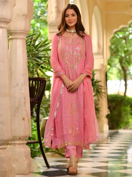 Peach Georgette Top with Pant and Dupatta Set with Embroidery and Real Foil Work 