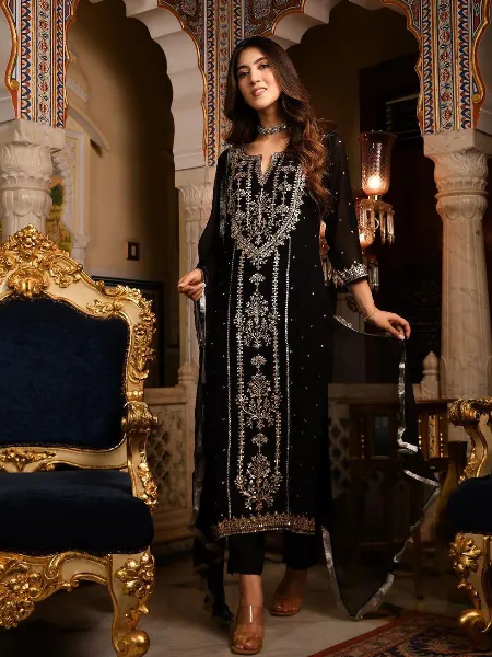Black Georgette Top with Pant and Dupatta Set with Embroidery and Real Foil Work 