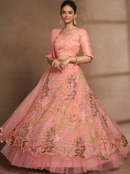 Peach Color Bridal Lehenga Choli With Digital Print and Sequence Embroidery
