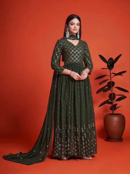 Mehendi Color Anarkali Suit With Sequence in Faux Georgette With Dupatta