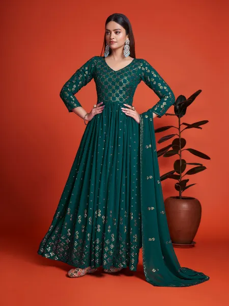 Rama Color Anarkali Suit With Sequence in Faux Georgette With Dupatta