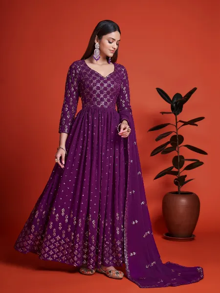 Purple Color Anarkali Suit With Sequence in Faux Georgette With Dupatta