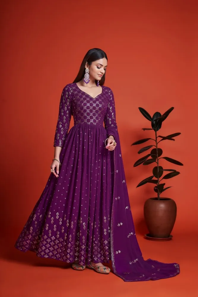 Purple Floral Sequins Embroidered Net Anarkali Suit