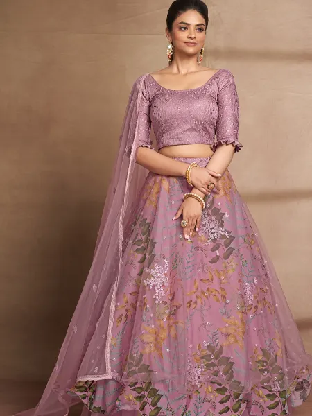 Purple Color Bridal Lehenga Choli With Digital Print and Sequence Embroidery