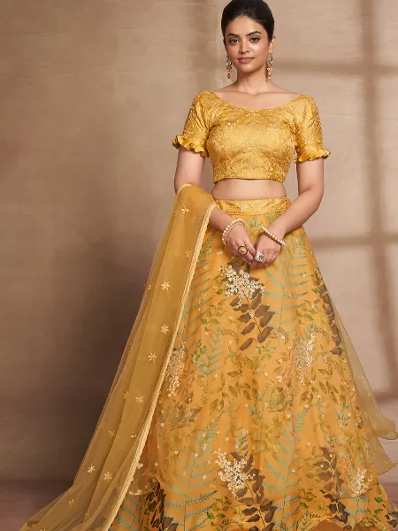 Yellow Color Bridal Lehenga Choli With Digital Print and Sequence Embroidery