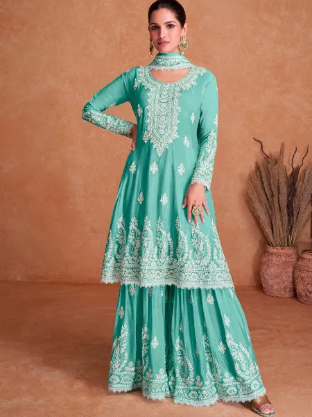 Sky Blue Designer Sharara Suit With Top in Georgette With Beautiful Embroidery