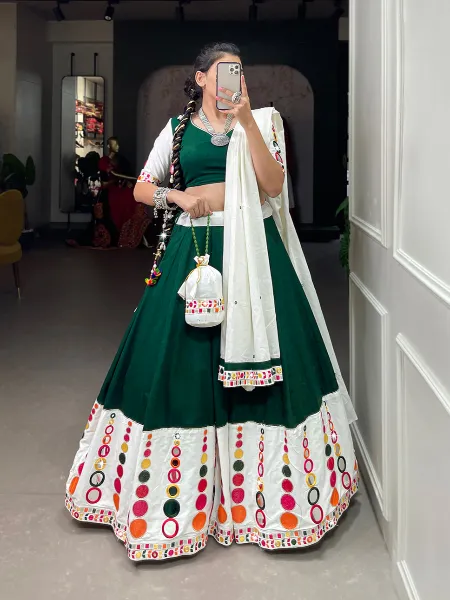 Green Navratri Chaniya Choli With Real Mirror and Embroidery Readymade Lehenga Choli in Pure Cotton