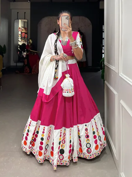 Pink Navratri Chaniya Choli With Real Mirror and Embroidery Readymade Lehenga Choli in Pure Cotton