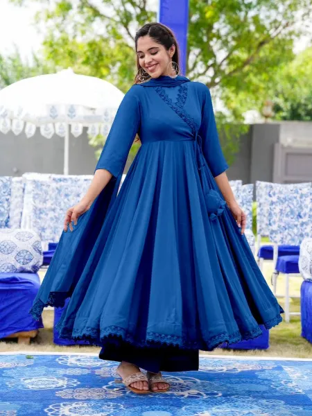 Blue Color Party Wear Georgette Gown With GPO Lace and Dupatta Ready to Wear Gown
