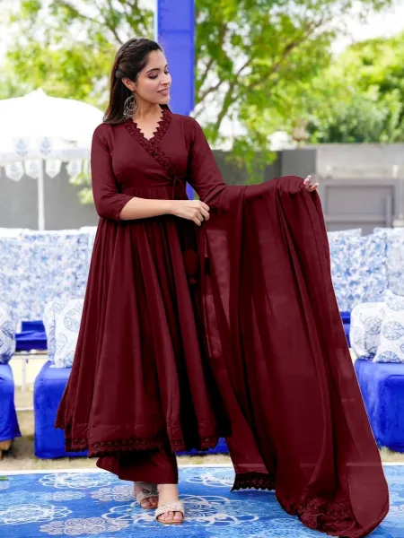 Maroon Color Party Wear Georgette Gown With GPO Lace and Dupatta Ready to Wear Gown