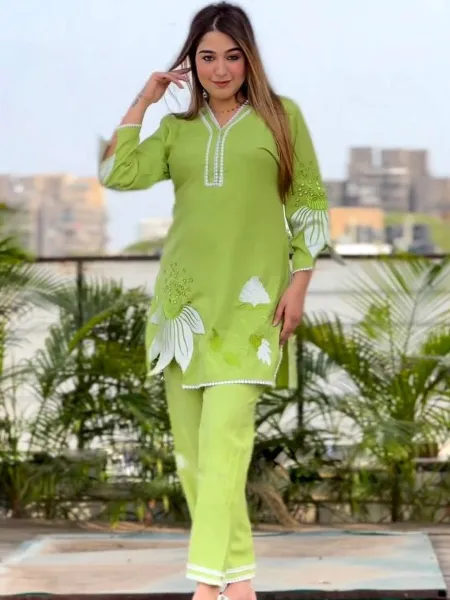 Light Green Co Ord Set in Mask Cotton With Fancy Embroidery Cut Work and Real Mirror