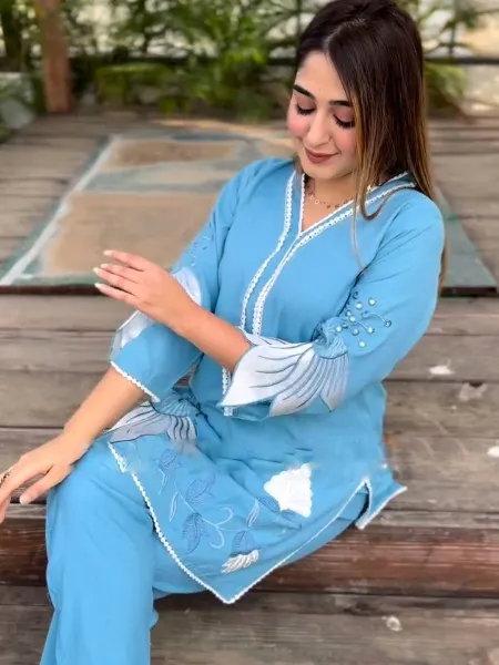 Sky Blue Co Ord Set in Mask Cotton With Fancy Embroidery Cut Work and Real Mirror