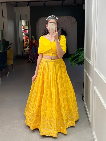 Yellow Color Sequence Embroidery Lehenga Choli in Georgette Ready to Wear Lehenga