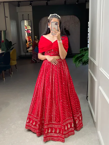 Red Color Sequence Embroidery Lehenga Choli in Georgette Ready to Wear Lehenga