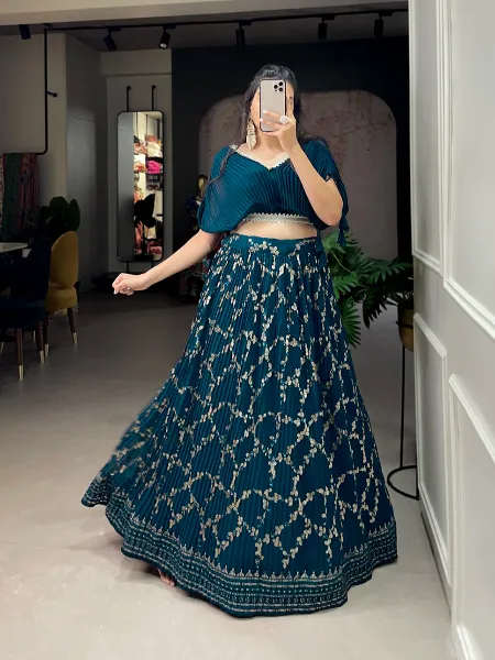 Teal Color Crushed Georgette Ready to Wear Lehenga Choli With Sequence Embroidery