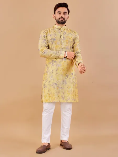 Yellow Color Mens Traditional Kurta Pajama Set in Soft Cotton With Foil Print