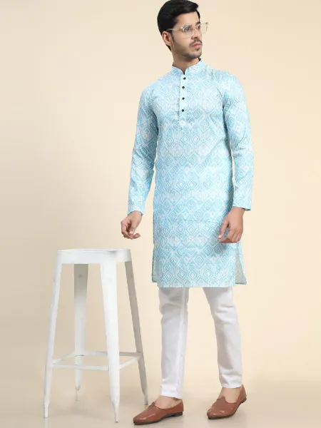 Sky Blue Giza Cotton Mens Kurta Pajama Set With Digital Print Mens Traditional Kurta
