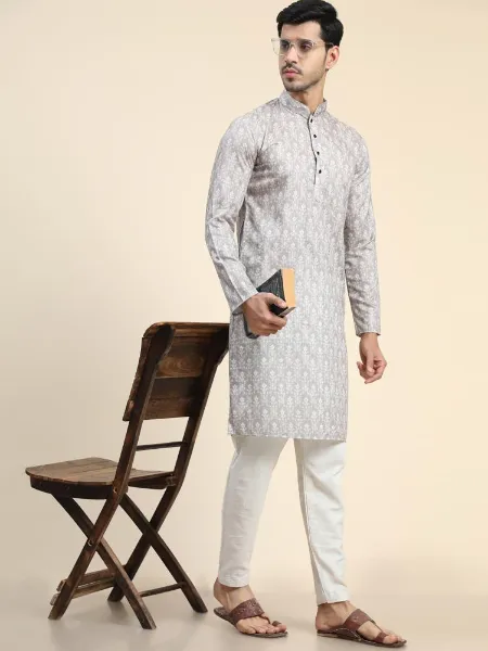 Grey Giza Cotton Mens Kurta Pajama Set With Digital Print Mens Traditional Kurta