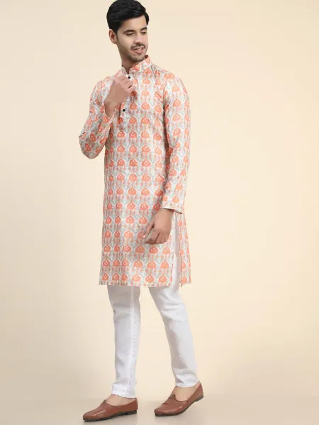 Orange Giza Cotton Mens Kurta Pajama Set With Digital Print Mens Traditional Kurta