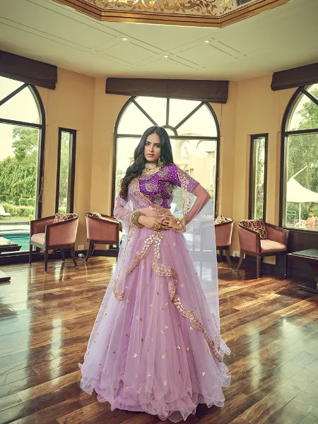 Light Purple Bridal Lehenga Choli in Nylon Net With Big Flair and Beautiful Blouse