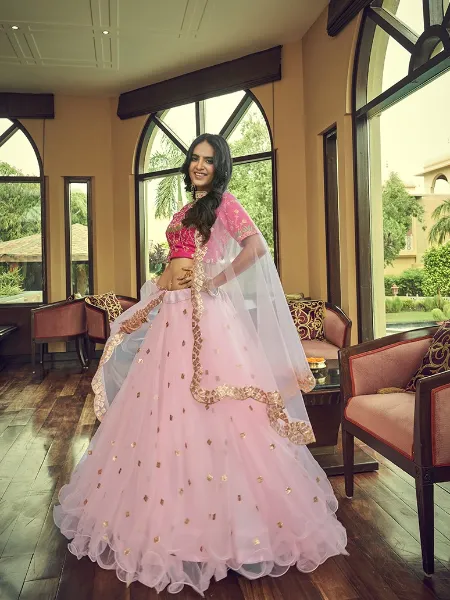 Baby Pink Bridal Lehenga Choli in Nylon Net With Big Flair and Beautiful Blouse