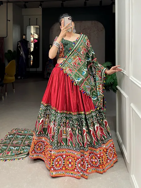Red Navratri Ready to Wear Lehenga Choli With Patola Print Gamthi Work and Mirror Work Lace