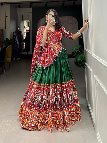 Green Navratri Ready to Wear Lehenga Choli With Patola Print Gamthi Work and Mirror Work Lace