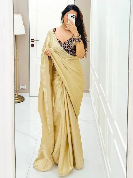 Cream Bollywood Saree in Japan Satin With Heavy Embroidery Velvet Blouse