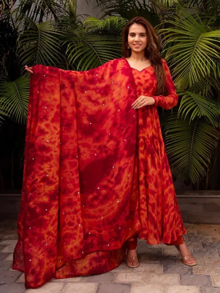 Red Color Georgette Gown With Digital Print and Dupatta Party Wear Gown