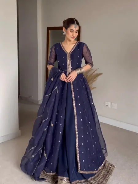 Navy Blue Designer Lehenga Choli With Shrug in Organza With Embroidery