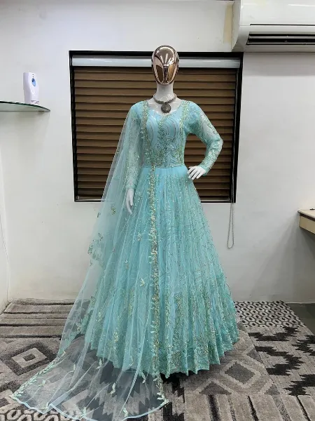 Sky Blue Color Soft Butterfly Net Gown With Heavy Sequence and Embroidery Work