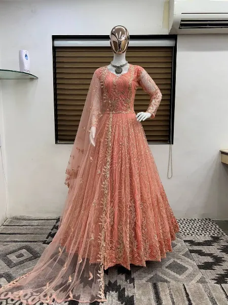 Peach Color Soft Butterfly Net Gown With Heavy Sequence and Embroidery Work