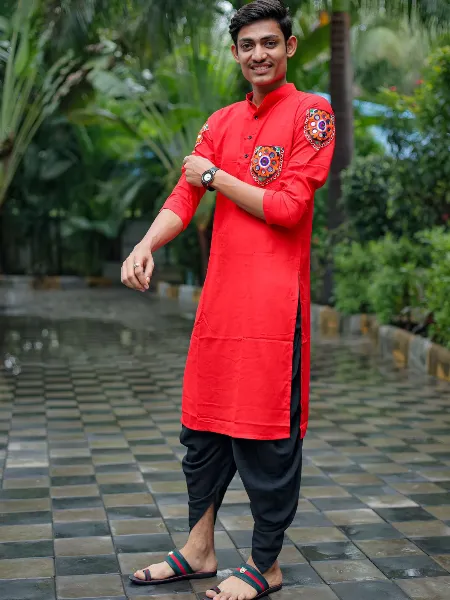 Red Navratri Festival Men's Kurta Pajama Set With Gamthi Work and Real Mirror