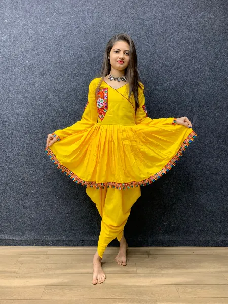 Yellow Trending Navratri Special Women Dhoti Kediya Set With Gamathi Work and Real Mirror