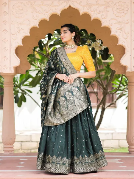 Green Color Indian Bridal Viscose Chanderi Lehenga Choli With Zari Weaving